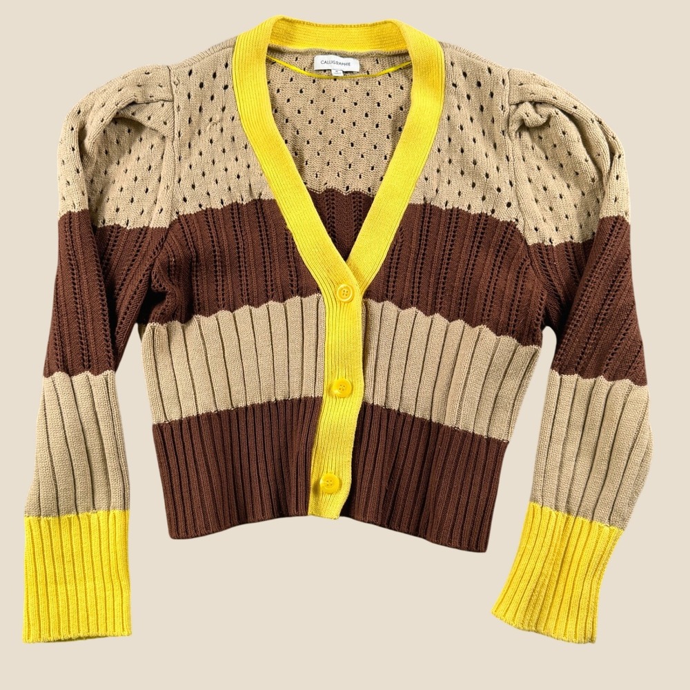 Calligraphie Striped Cardigan Women XL Brown Tan Yellow Puff Sleeve Knit Sweater